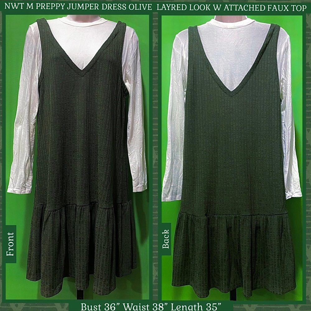 NWT M MINIMALIST FALL PREPPY JUMPER DRESS OLIVE  LAYRED LOOK W ATTACHED FAUX TOP